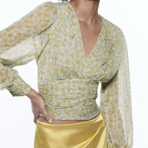 Zara Yellow and Gray Floral Blouse